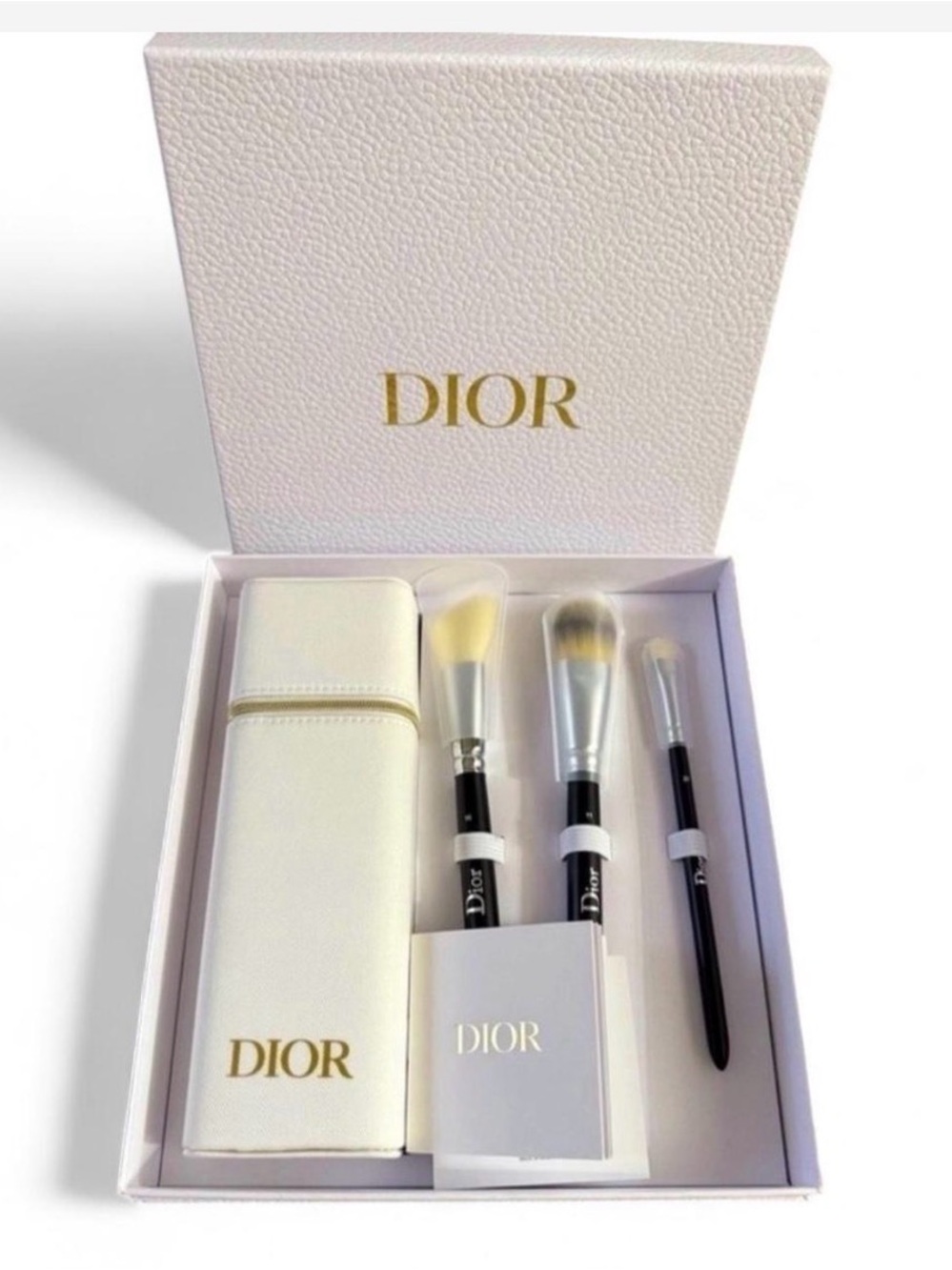 Dior White & Gold 3-Piece Makeup Brush Set with Case